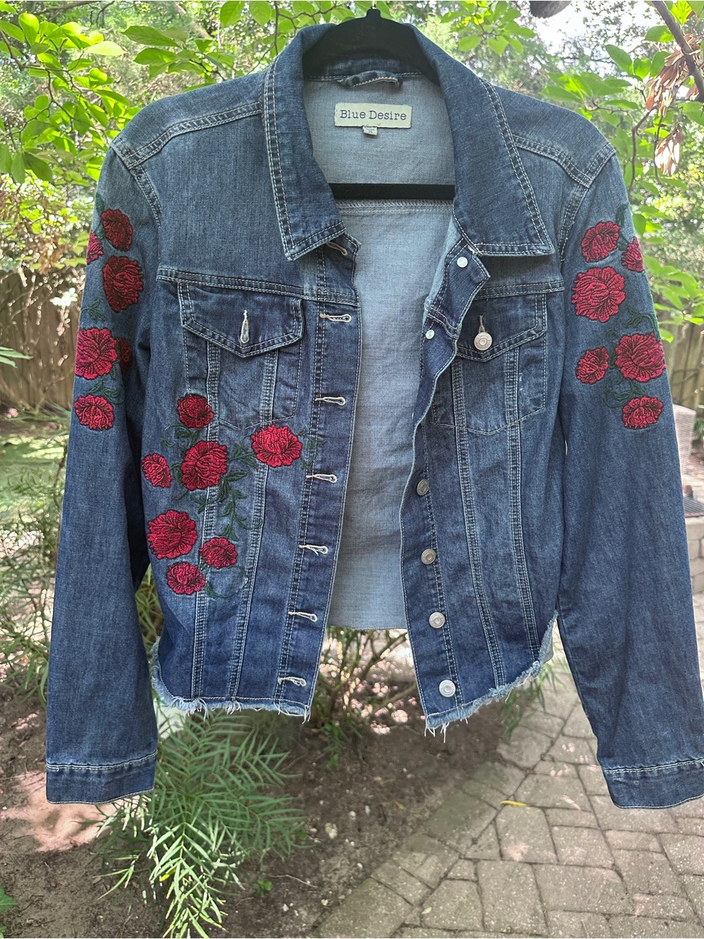 Blue Desire Women's Blue Denim Jacket with Red Rose Embroidery